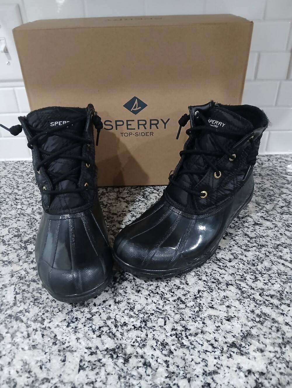 Sperry Black Quilted Duck Boots with Gold Eyelets